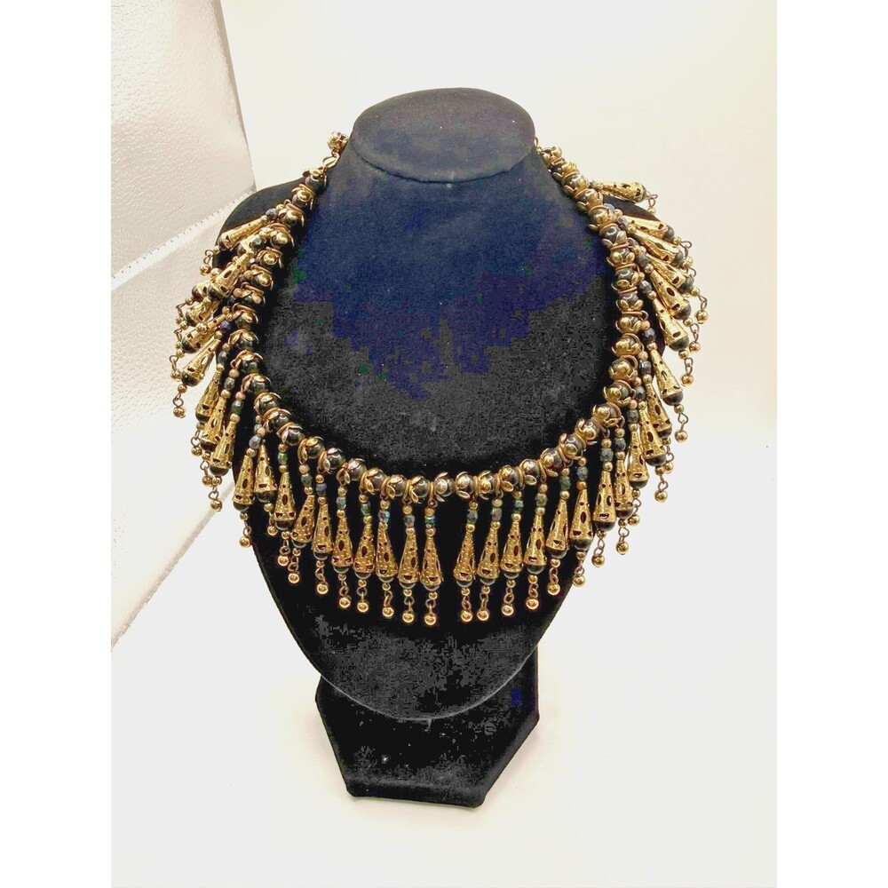 Vintage Tribal Style Black Bead Brass Cone Fringe Choker Necklace 12"